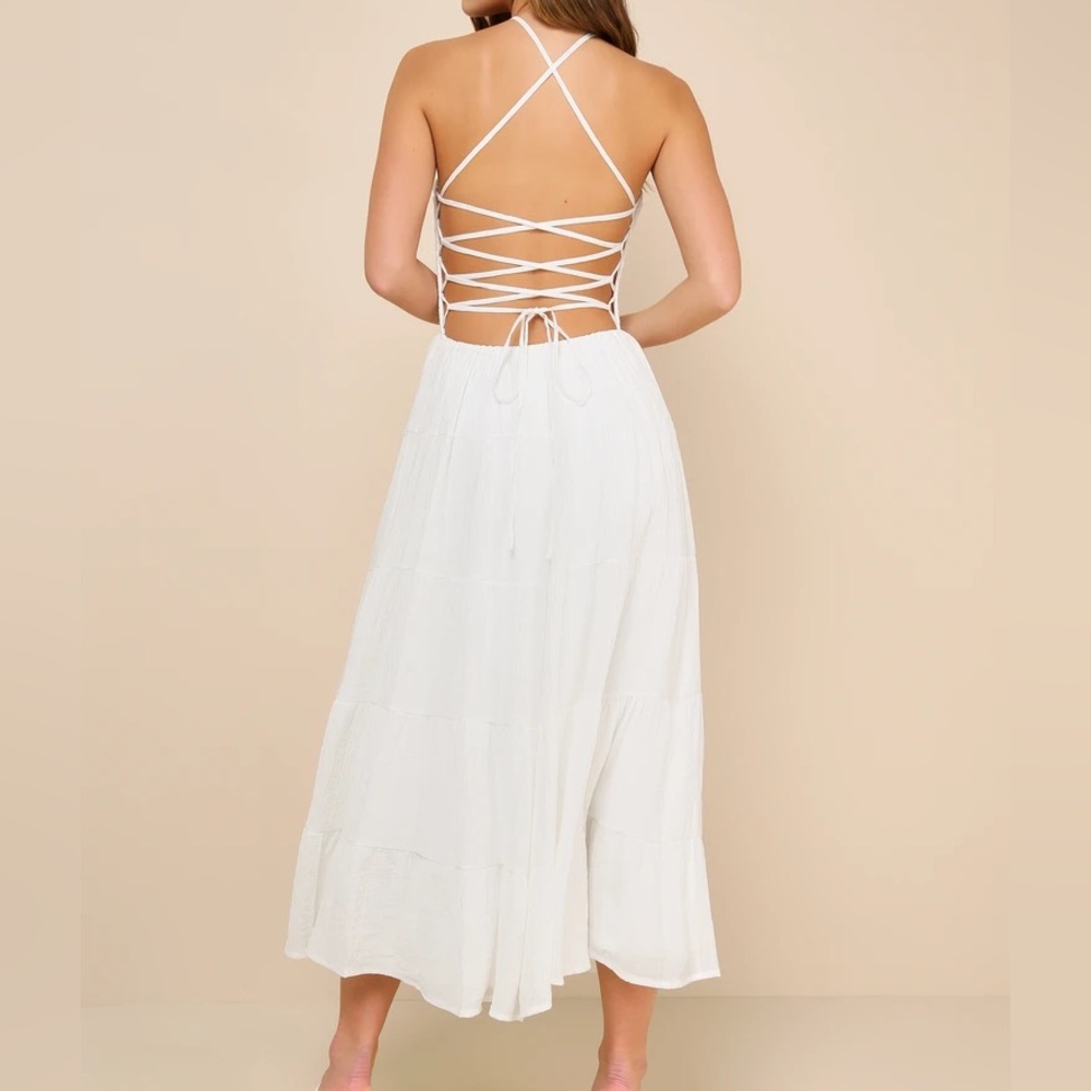 Effortless Sweetness White Ruched Lace-Up Tiered Midi Dress - Picture 2 of 8